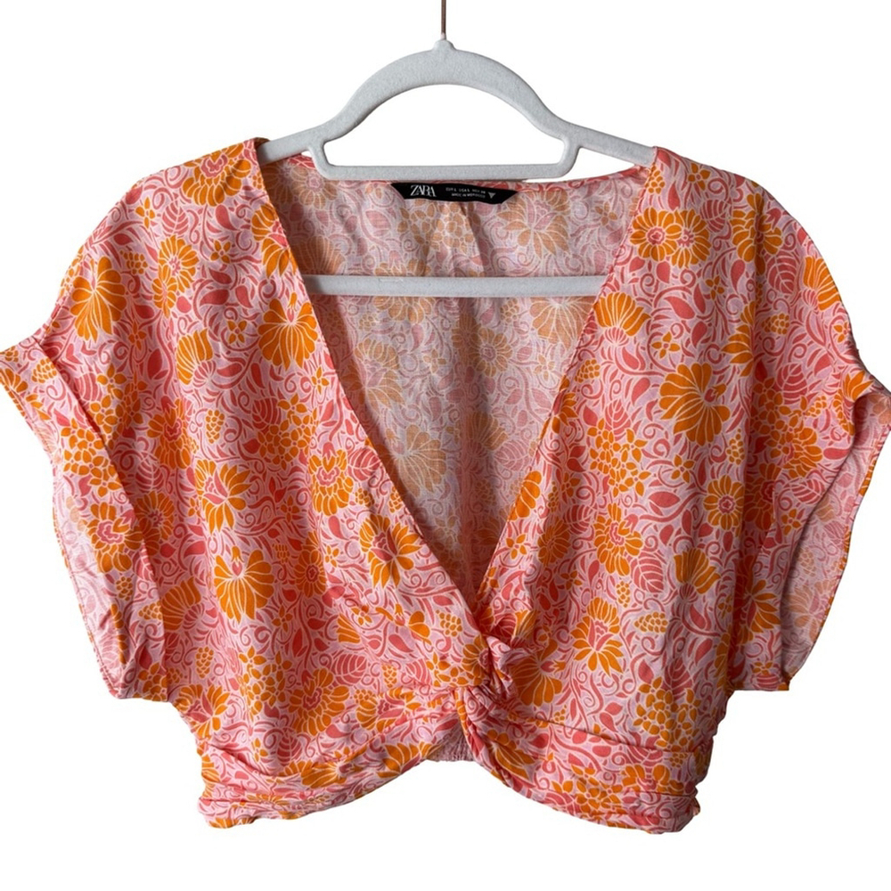 Zara Vibrant Pink and Orange Floral Blouse Size L Boho Cottagecore Chic Resort - Picture 1 of 9